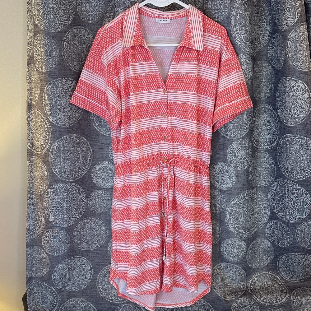 Cabana Life Coral and White Patterned button down dress with drawstring